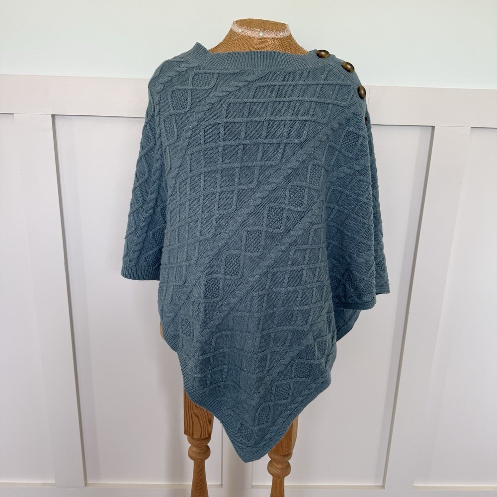 J. Jill Sweater Poncho One Size Teal Cable Knit Layering Cape Transition Buttons